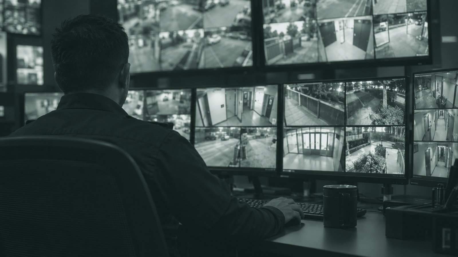 Operador revisando las cámaras de varios accesos desde el centro de monitoreo